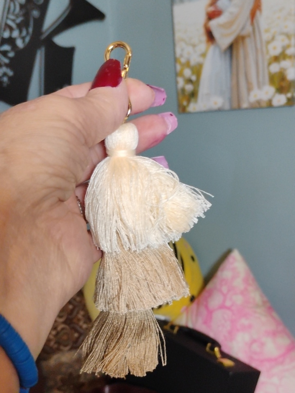 Three-Tier Beige & Cream Tassel Keychain Bag Charm